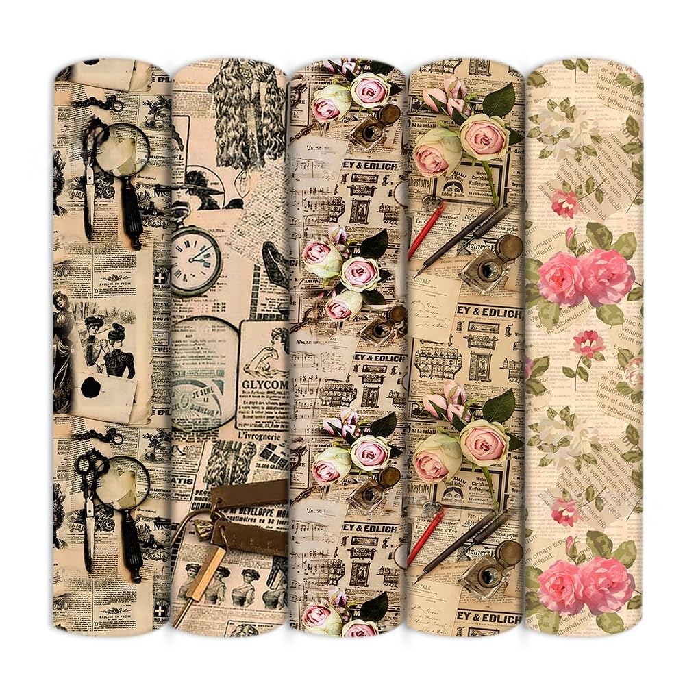 Tkanina w stylu vintage, kwiatowa, z nadrukiem, na metry, z nadrukiem, dekoracyjna, styl gazety, materiał do szycia, retro, kwiaty, róże, materiał z nadrukiem kwiatowym, do samodzielnego