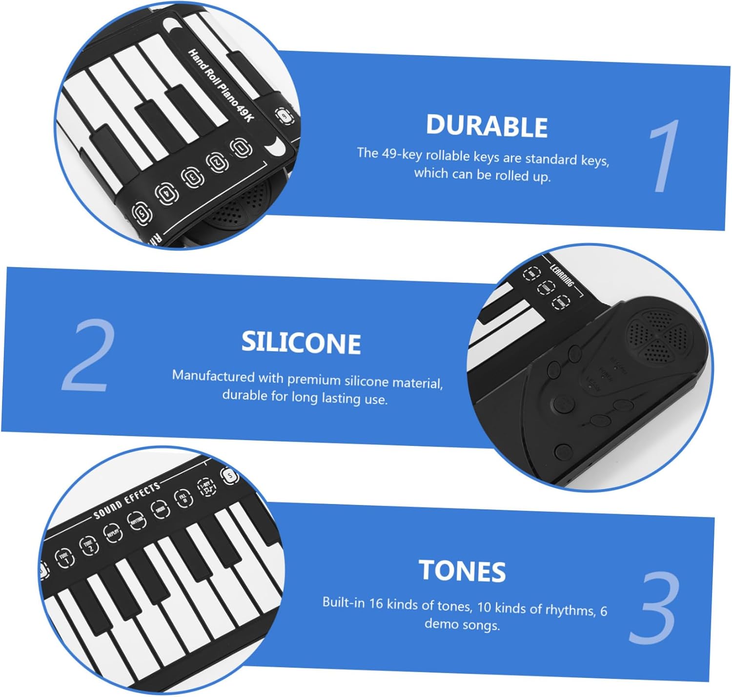 Kisangel 1Set Portable Up Piano Keyboard Keys Hand Rolled Instrument with Tones Rhythms Demo Songs Fun Educational present for Durable Material for Music
