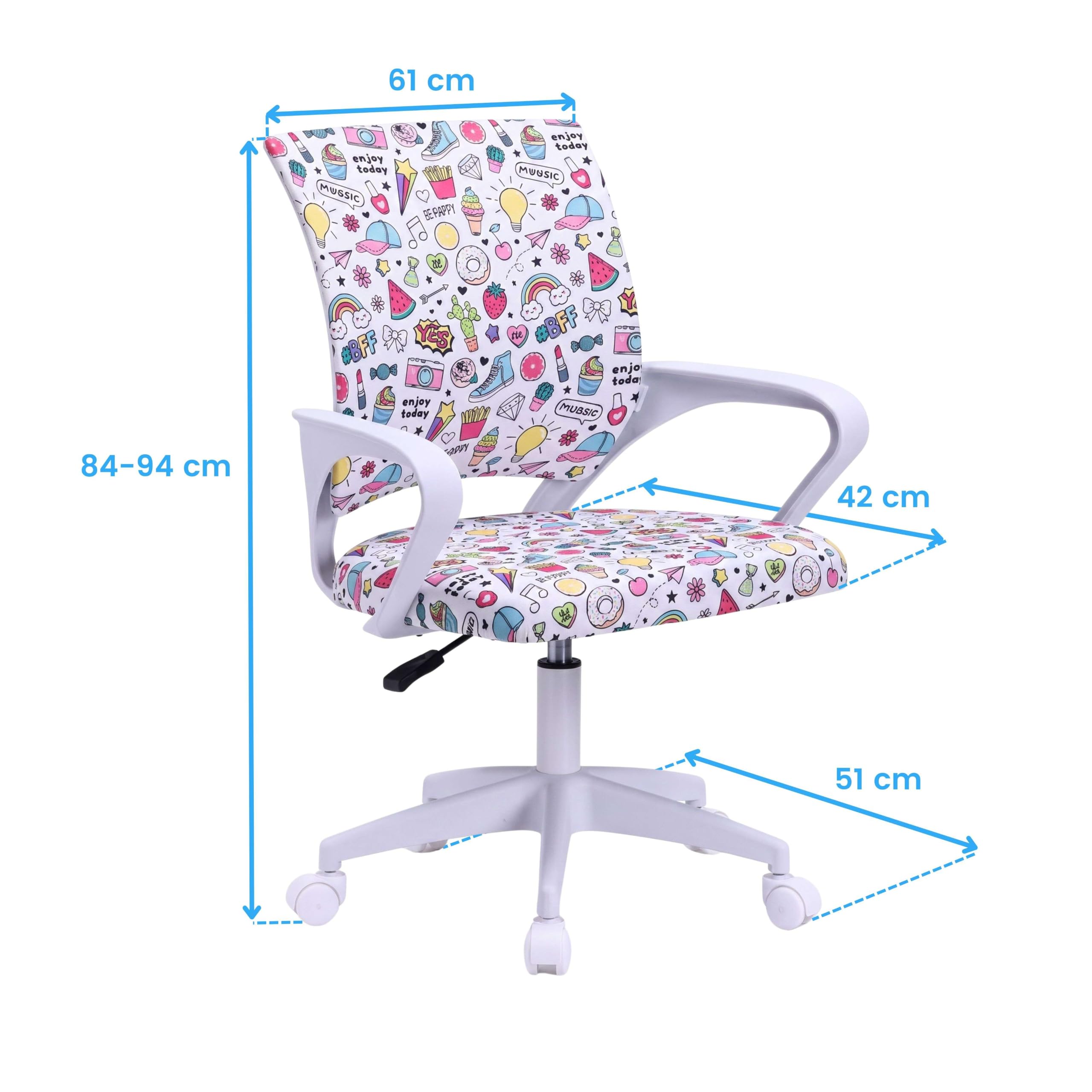 Miroytengo Silla de Escritorio Juvenil Vita Emojis, Altura Regulable, Tela Estampado, Reposabrazos Blanco