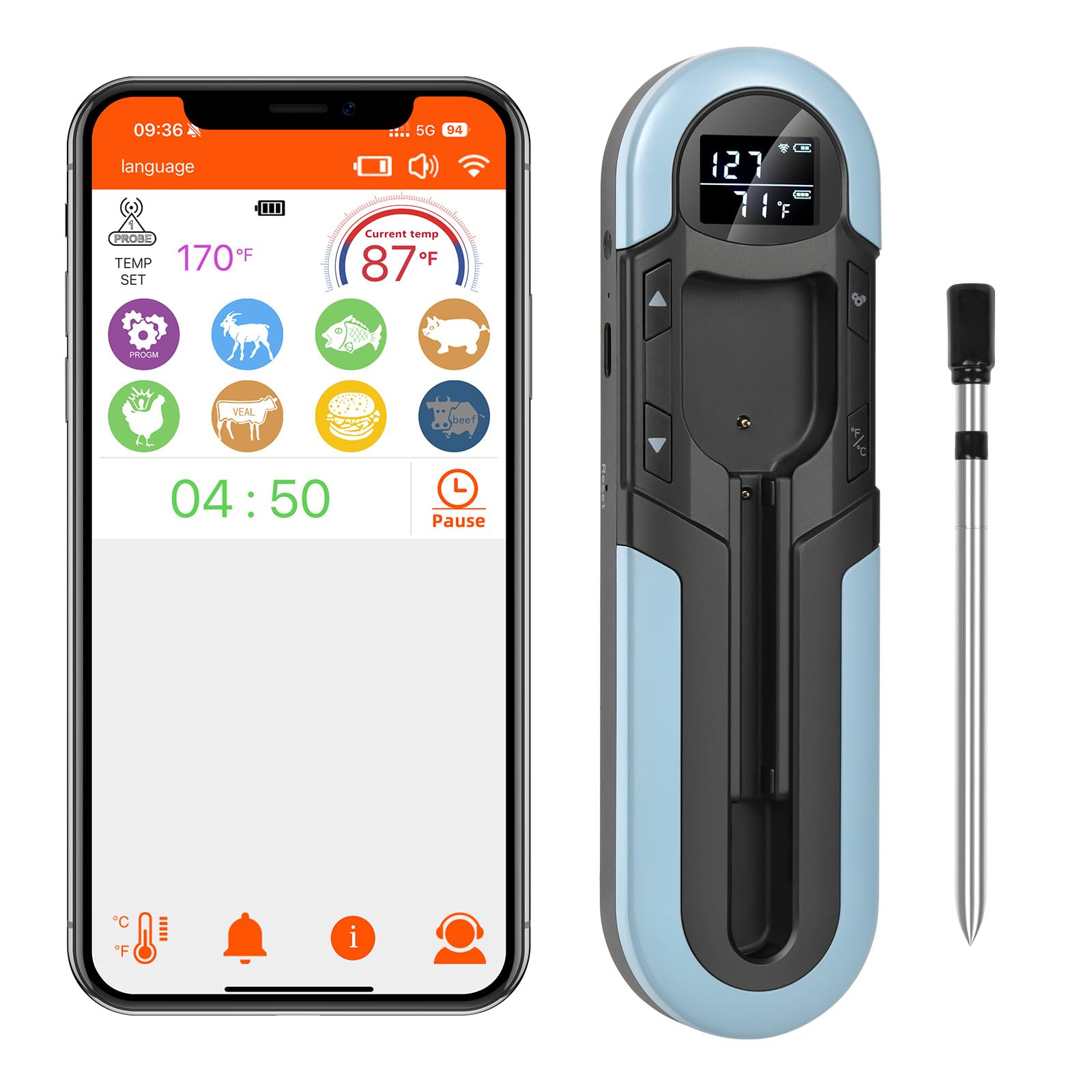 GALAX PRO Wireless Meat Thermometer, 152m Bluetooth range, App Control, Real-Time Reading, LED Screen, IP66 Waterproof Probe, Smart Alarm, Suitable for Oven/Air Fryer/Grill/Frying Pan/Smoker