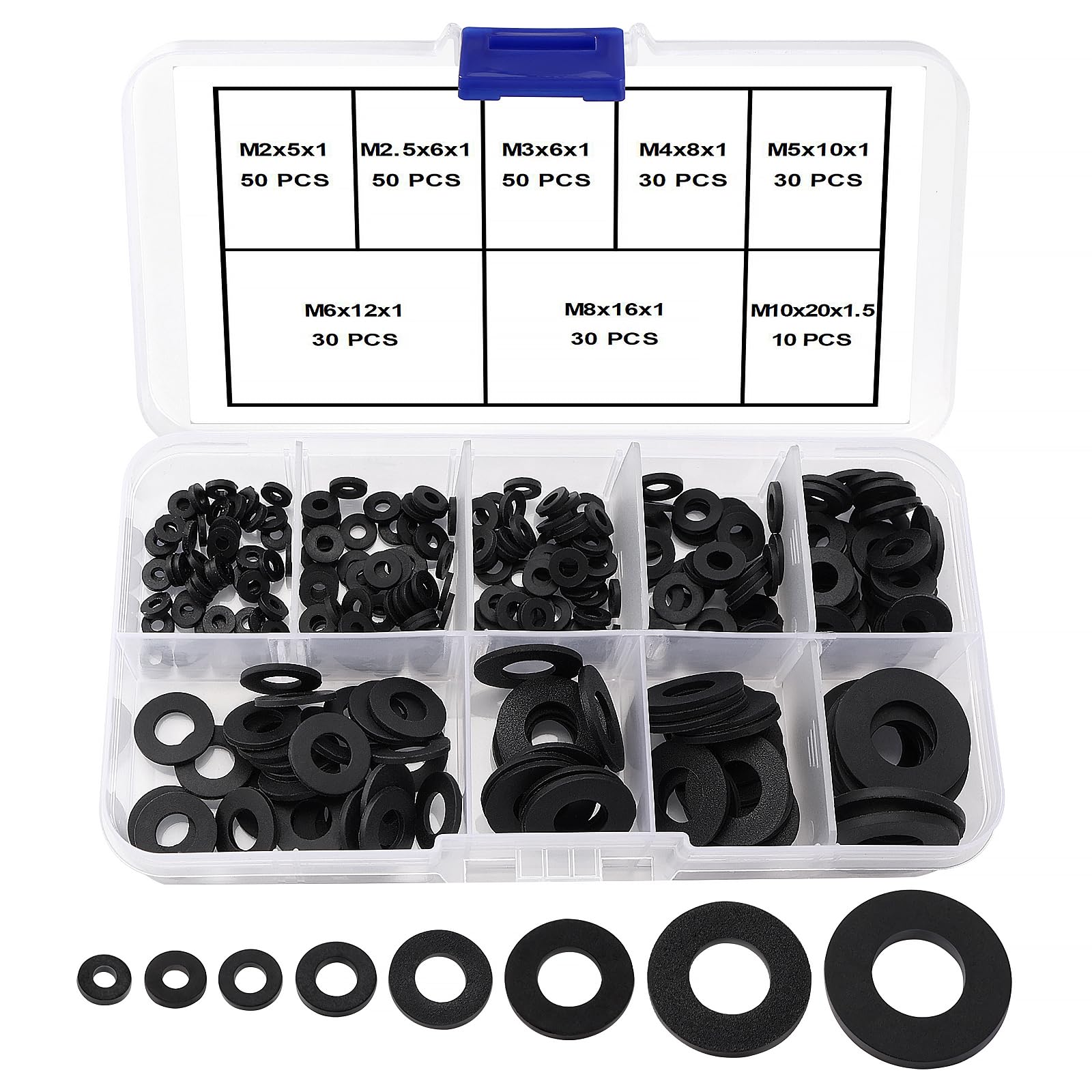 YIXISI 280 PCS M2 M2.5 M3 M4 M5 M6 M8 M10 Silicone Flat Washers Assortment Kit, Sealing Silicone Washers, Vibration Damping Grommets, for Bolts/Faucets/Screws/Garden Hose/Plumbing, Black โ image 1
