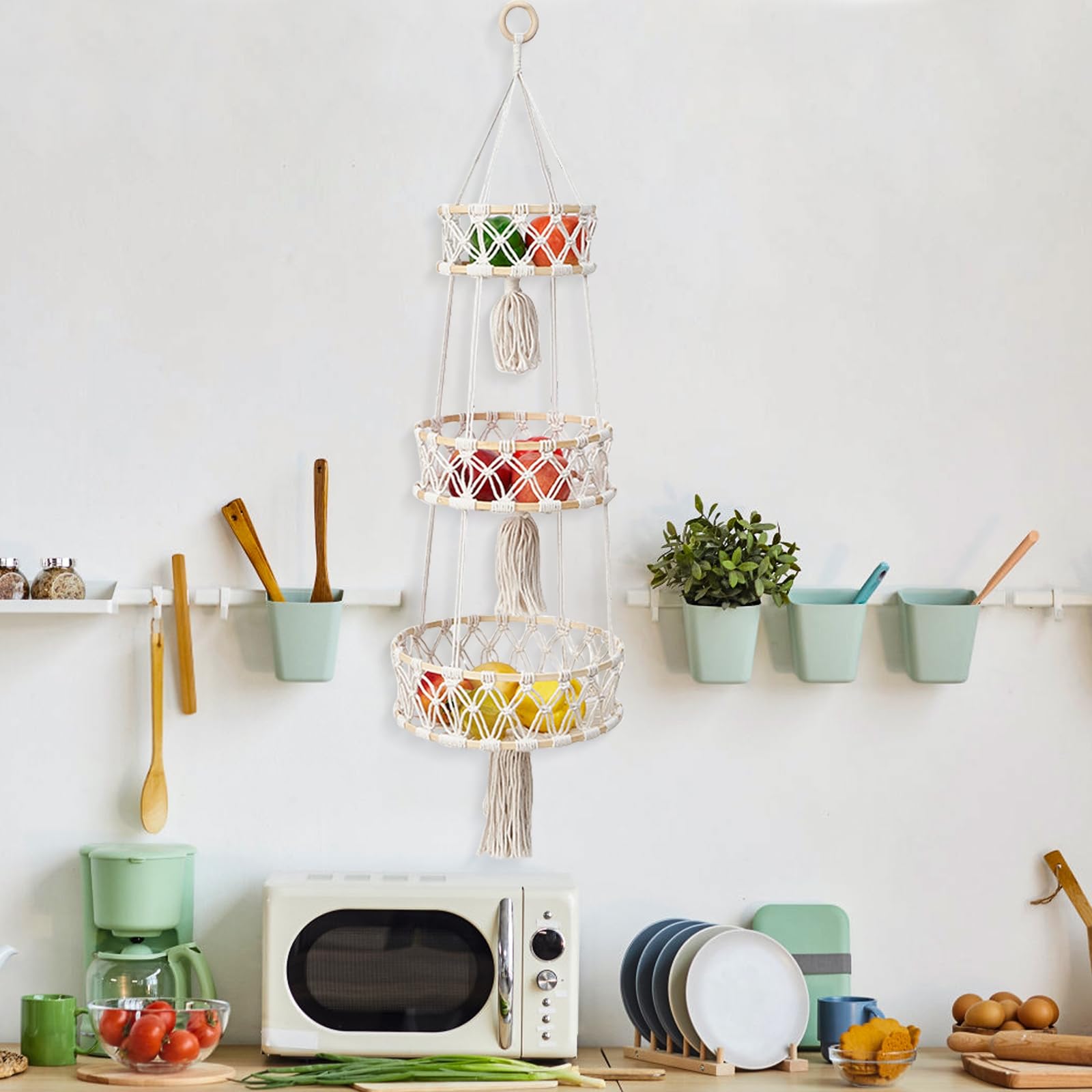 Rotan Muurmand, Unieke Leuke Fruitvorm Stevige Rotan Hangende Mand, Rotan Muurmand Hangende Fruitmand Decoratieve Muur Hangende Rotan Mand voor Badkamer Keuken Woonkamer