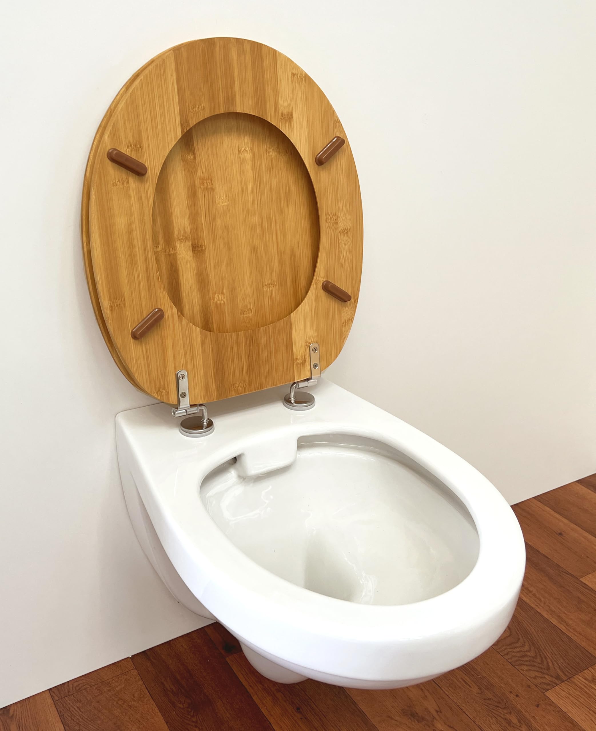 ADOB Asiento de inodoro de bambú oscuro, bambú natural, sostenible, cálido, bisagras de acero inoxidable, ajuste universal, 33332