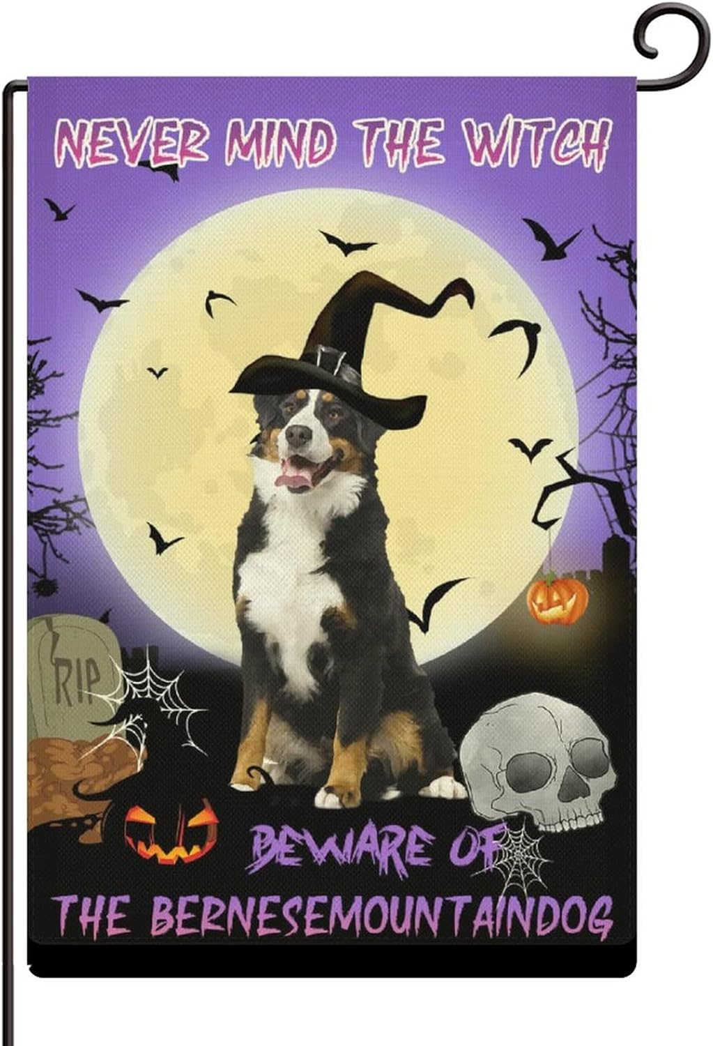 Never Mind The Witch Beware Of The Dog Garden Flag Bernese Mountain Dog 28"X40" Double Side Yard Outdoor Decoration Cotton linen Home Yard Lawn Patio Veranda Porch Garden Decor Holiday Decorations