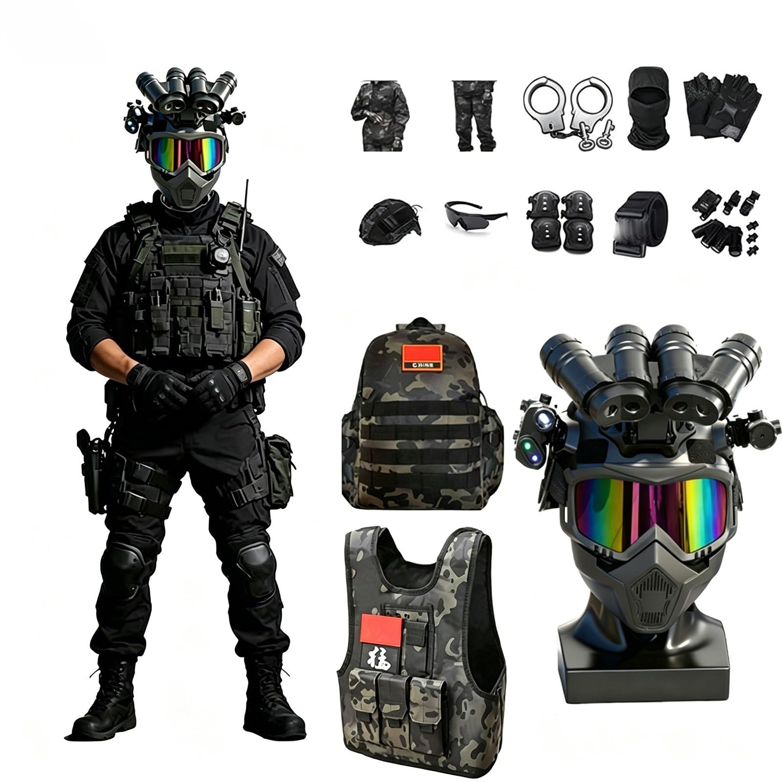 Kinder Militär Kostüm Set Soldat Armee Rollenspiel Outfit mit Zubehör, Halloween und Geburtstags Geschenk Verkleidungsset
