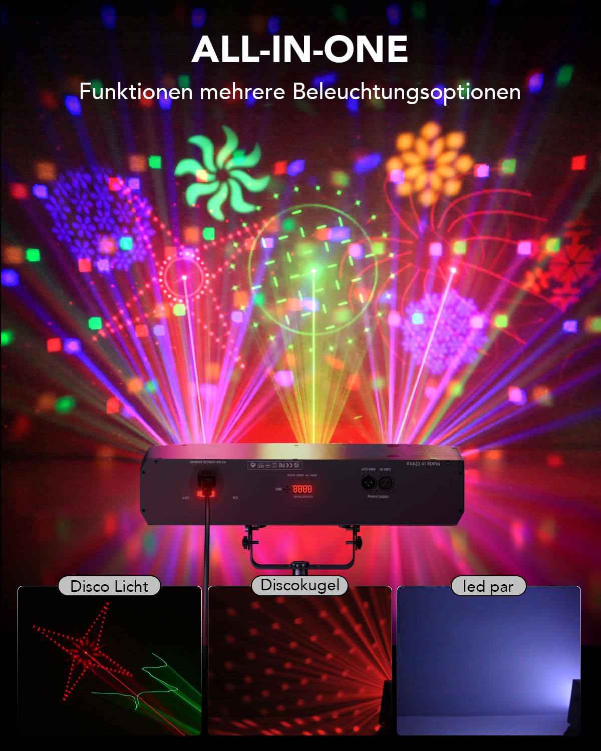 KeoBin All-in-One Schneeflocken Discolicht partylicht mit RGB & UV | Rotierende Muster, Musiksteuerung, Strobe, 3 Soundmodi, 4 Auto-Programme, DMX512, Party, Bar, Club & Weihnachtsdeko