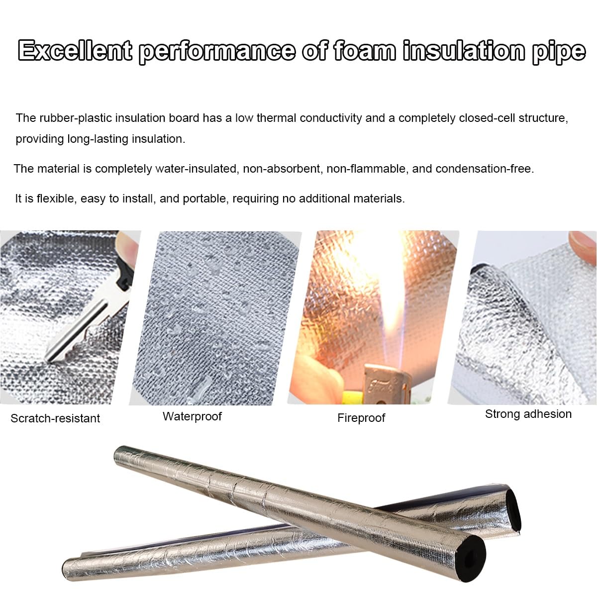 Tubo isolante autoadesivo per tubi da 1,9 cm a 10,2 cm ID involucro in schiuma impermeabile, copertura per tubi in alluminio (ID 1-1/2 ″xT 1-1/5 ″)