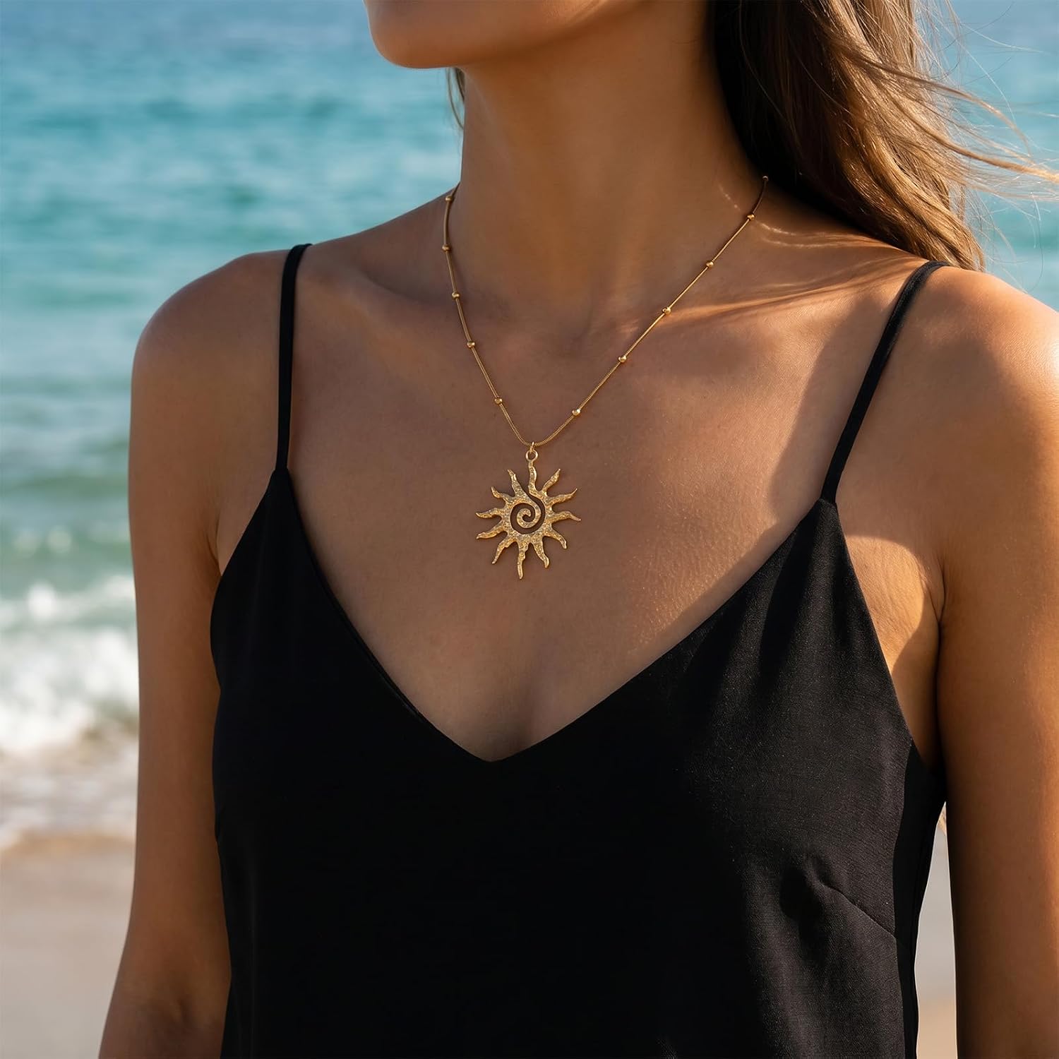 Mikovivi Magical Sun Pendant Necklace for Women, Dainty Gold Sunburst Sunflower Charm Solar Pendant Necklace Elegant Statement Jewelry Gifts