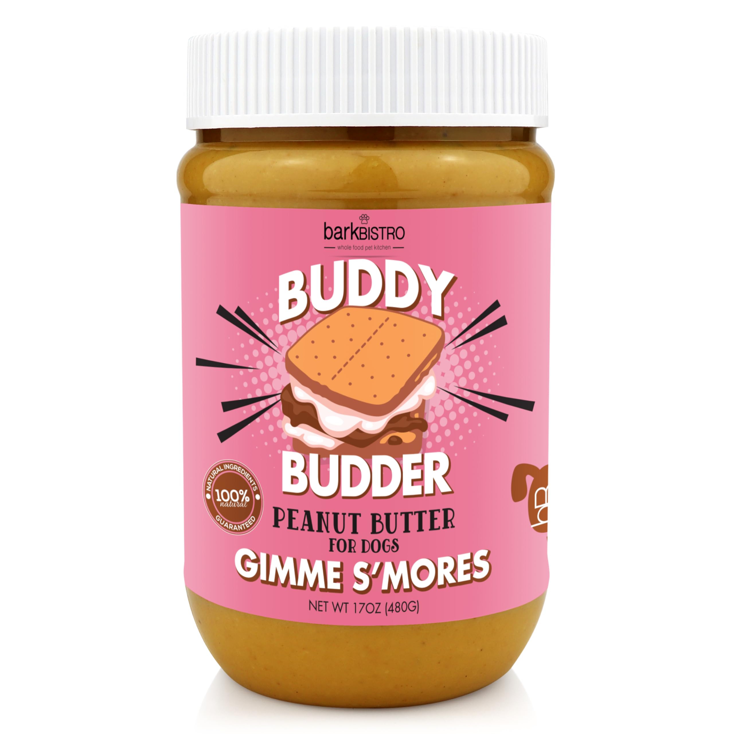 BUDDY BUDDERGimme S'Mores, 100% Natural Dog Peanut Butter, Healthy Peanut Butter Dog Treats, Stuff in Toy, Dog Pill Pocket, Made in USA, (17 oz Jars)