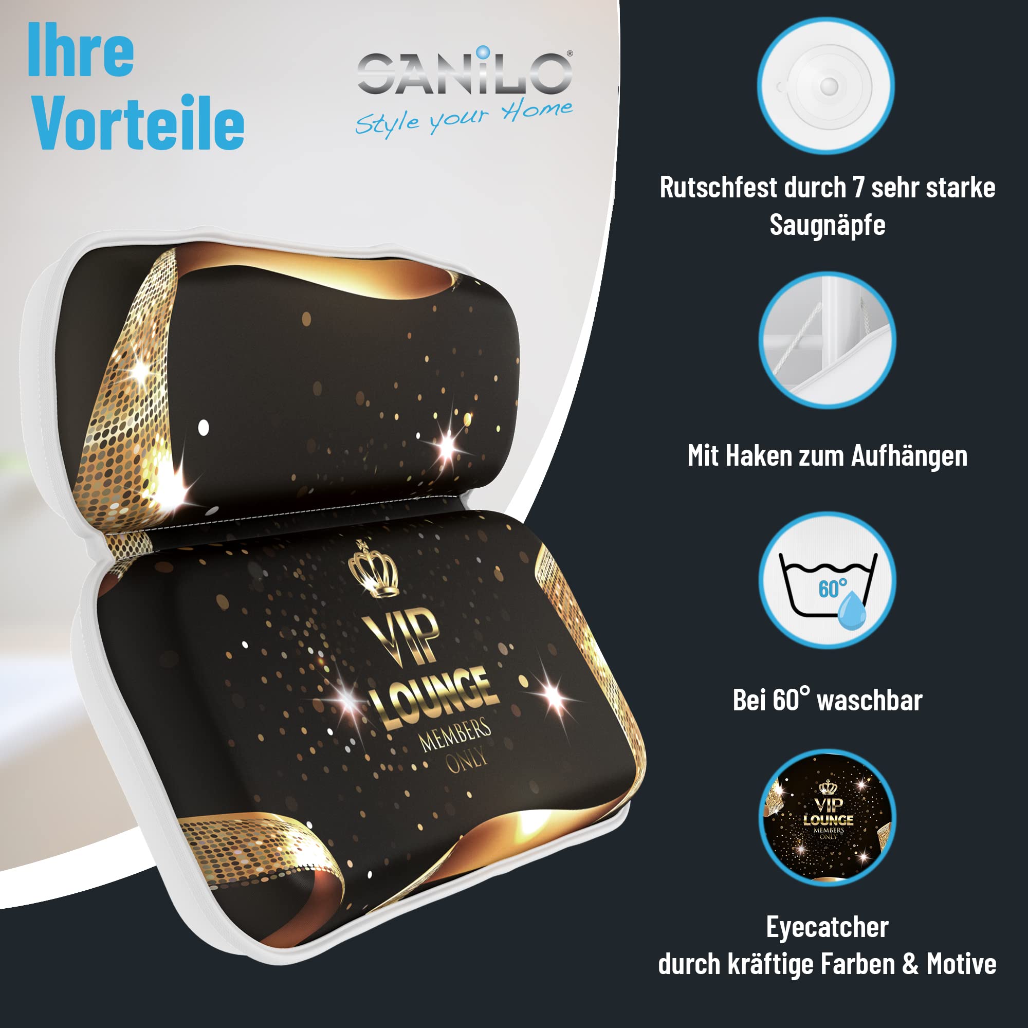 Sanilo Badewannenkissen, viele Bequeme Badekissen mit Motiv, Nackenkissen mit starken Saugnäpfen, waschbar (VIP-Lounge)