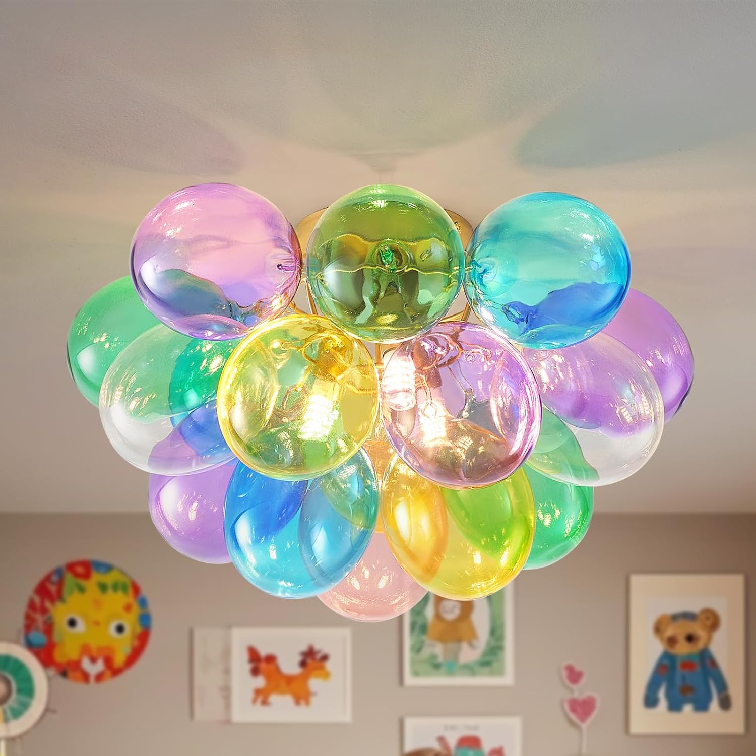 15’’ Colorful Bubble Chandelier, Swirled, Glass, with 3 Light, Small Pendant Light Fixture for Bedroom Study Bathroom