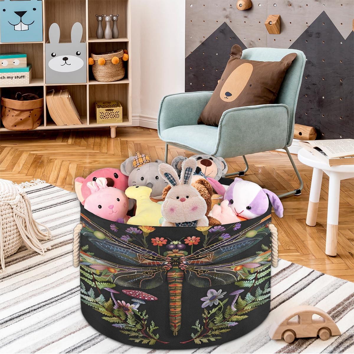 Large Round Laundry Basket Abstract Animal Flower Toy Bins Organizers and Storage for Girls Canvas Collapsible Blanket Storage Basket Laundry Hamper Gift Baskets Bedroom Clothes Children Nursery