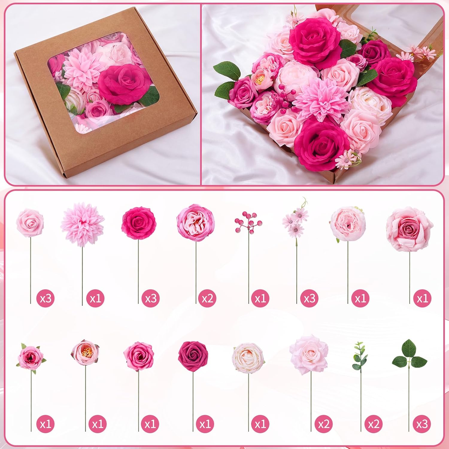 Jspupifip Pink, Hot Pink Artificial Flowers Combo Box Fake Silk Roses with Stems Hydrangea Peony Arrangement for Bridal Shower Boho DIY Wedding Cake White Flowers Table Decorations