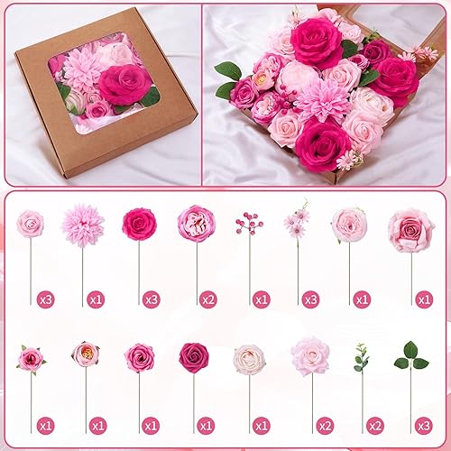 Miniatura 3 de Jspupifip Caja combinada de flores artificiales rosa y rosa intenso, rosas de seda artificial con tallos, arreglo de hortensia y peonía para