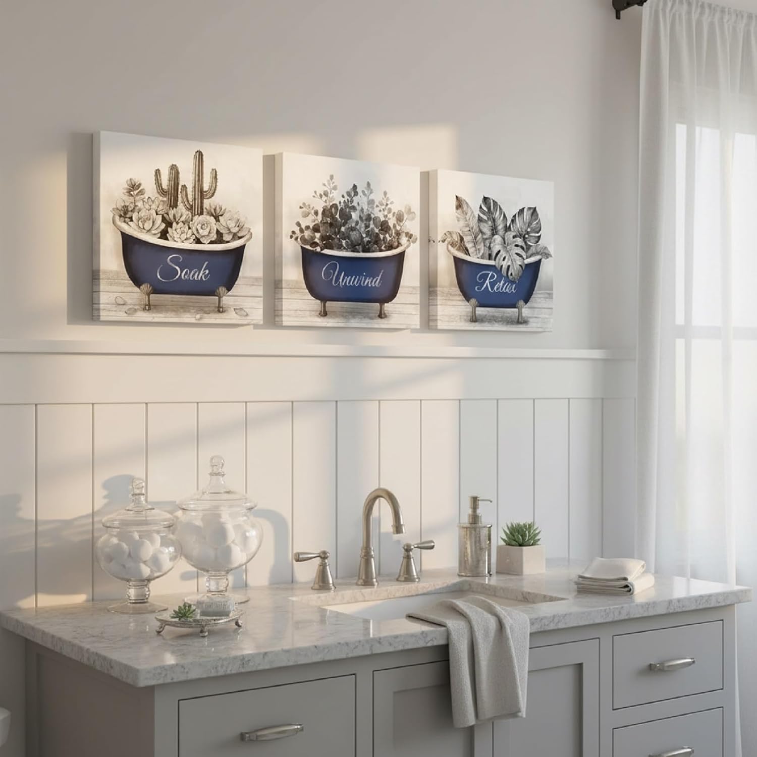 Conipit Botanical Bathroom Wall Art Vintage Bathtub Canvas Prints with Succulent Plants, Navy Grey Farmhouse Decor for Home Spa 12''x12''x3 (grey blue)