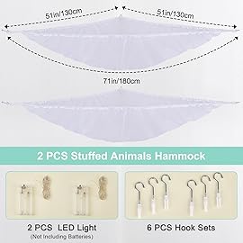 Unicorn Castle Stuffed Animals Net or Hammock Kids Toy Storage Organizer with LED Light Hanging Corner Stuffed Animals Holder Kids Girls Room Decor,White,Large (Pack of 2)