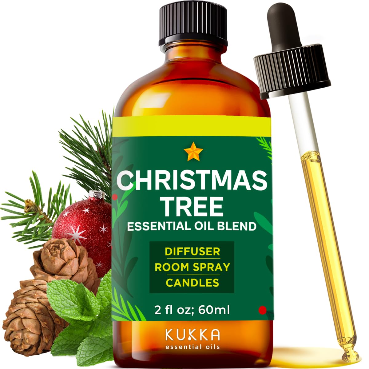 Kukka Christmas Tree Essential Oil Blend - 2 fl oz - Spearmint, Cedarwood, Pine Needle - Christmas Wreath Fragrance Oil for Holiday Cheer - Holiday