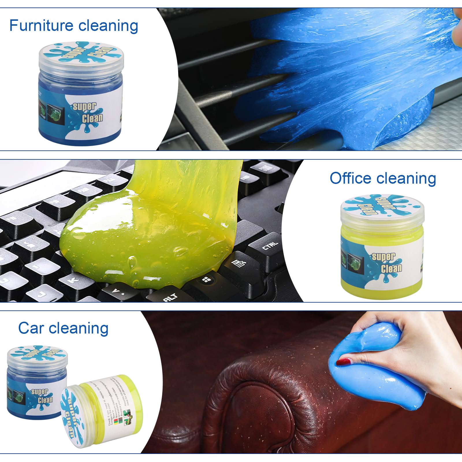 dellyy Gel Pulizia Auto, 4 Pezzi Gel Pulizia Tastiera, Giocattoli di Decompressione, Gel Pulizia Auto Interni, Pulizia Tastiera PC Adatto per Computer, Tastiere, Automobili, Prese D'aria, ecc.