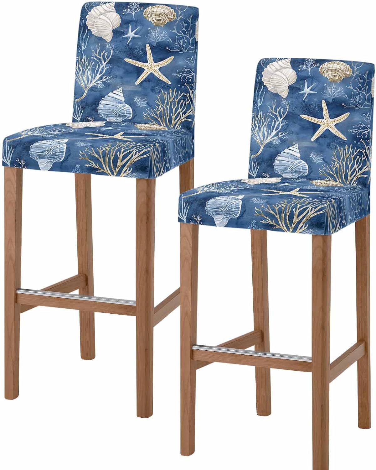 Navy Blue Coastal Bar Stool Covers Set of 4, Nautical Beach Starfish Coral Summer Stretch Washable Bar Chair Covers with Backs, Removable Pub Counter Height Chair Cover for Kitchen Dining Room Cafe