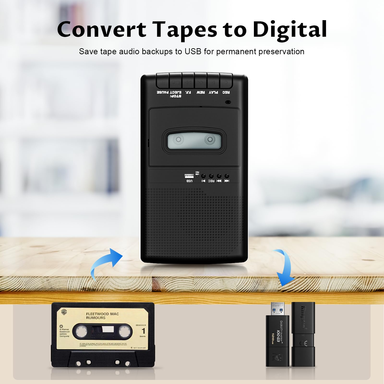 Lecteur de Cassettes Shoebox, Enregistreur Audio Portable | Conversion de Cassettes en USB Numérique | Lecteur de Cassettes USB avec Poignée Rétractable, Microphone indépendant et haut-parleur intégré