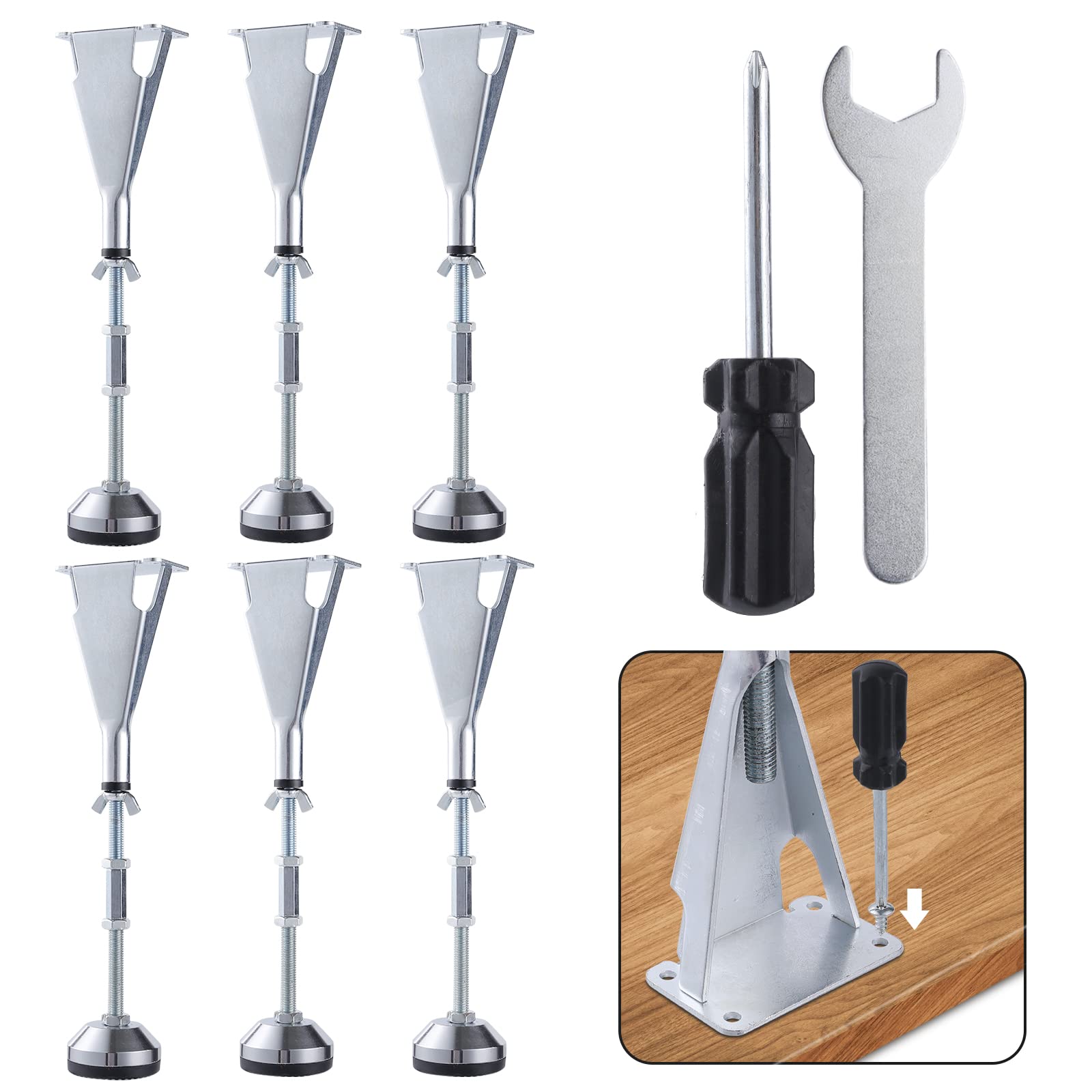 Pearabbit 6Pcs 7-15.7 inch Adjustable Height Center Support Leg for Bed Frame Wooden Furniture Cabine Slats Metal Feet Replacement Parts