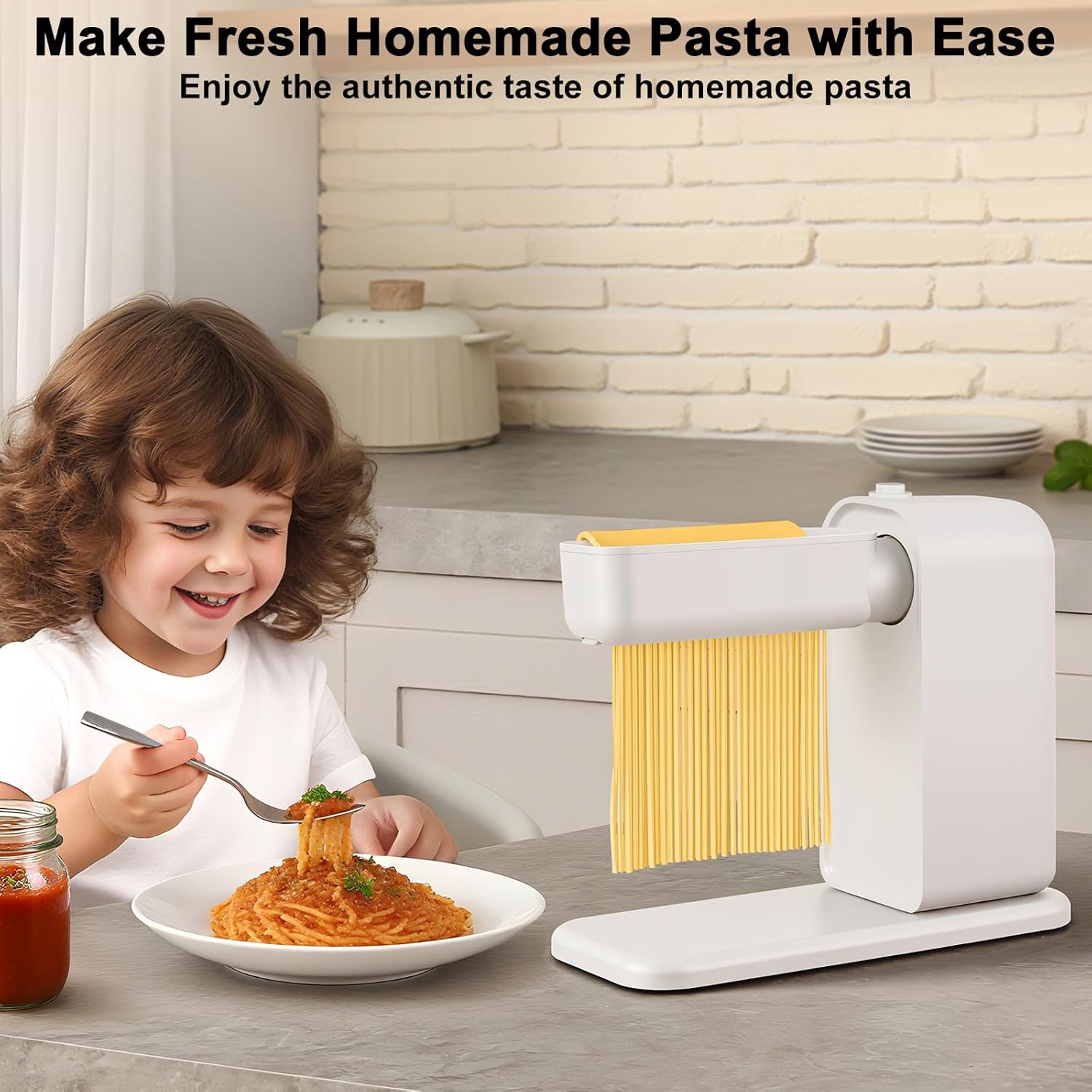 Electric Pasta Maker, 3-in-1 Pasta Maker Machine Includes Pasta Roller Spaghetti Cutter & Fettuccine Cutter with Cleaning Brush, Noodle Maker for Home Use, White