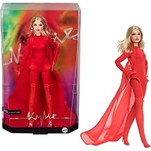 Barbie Signature-Puppe Kylie Minogue bewegliche Sammelfigur im Outfit des Musikvideos Padam Padam mit rotem Bodysuit Chiffonumhang und Schn rstiefeln JBJ39