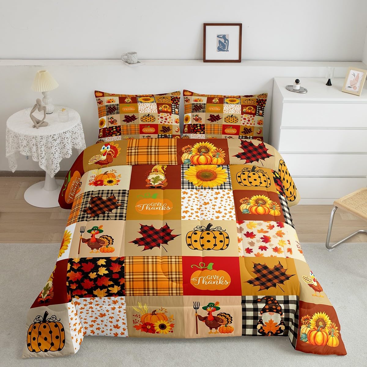 Homewish Fall Pumpkin Grid Comforter Set Rustic Farmhouse Maple Leaf Sunflower Bedding Set Thanksgiving Turkey Quilt Set Kids Boys Girls Adult Room Decor Vintage Brown Yellow Duvet Insert Queen Size