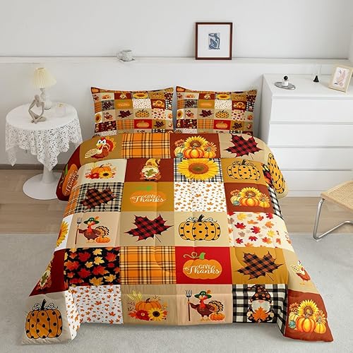 Miniatura 5 de Juego de edredón de cuadrícula de calabaza otoñal, rústico, de granja, hoja de arce, girasol, juego de edredón de Acción de Gracias, Turquía, para