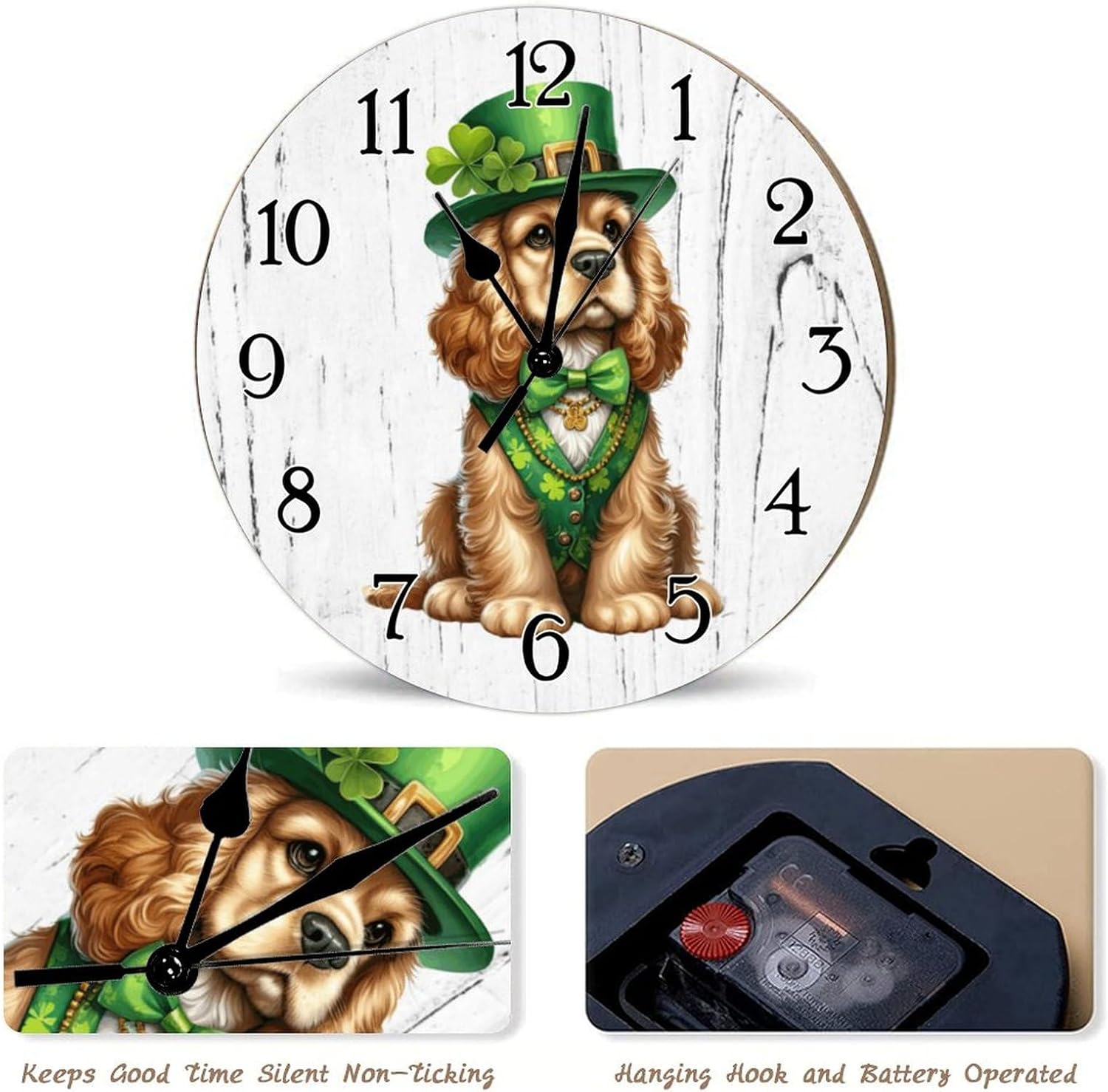 Cocker Spaniel Dog Green Leprechaun Hat Leaf Clocks Cocker Spaniel Dog St. Patrick's Day Wooden Decorative Clocks Battery Operated Round Clocks Dog Memorial Art Clock 12x12in