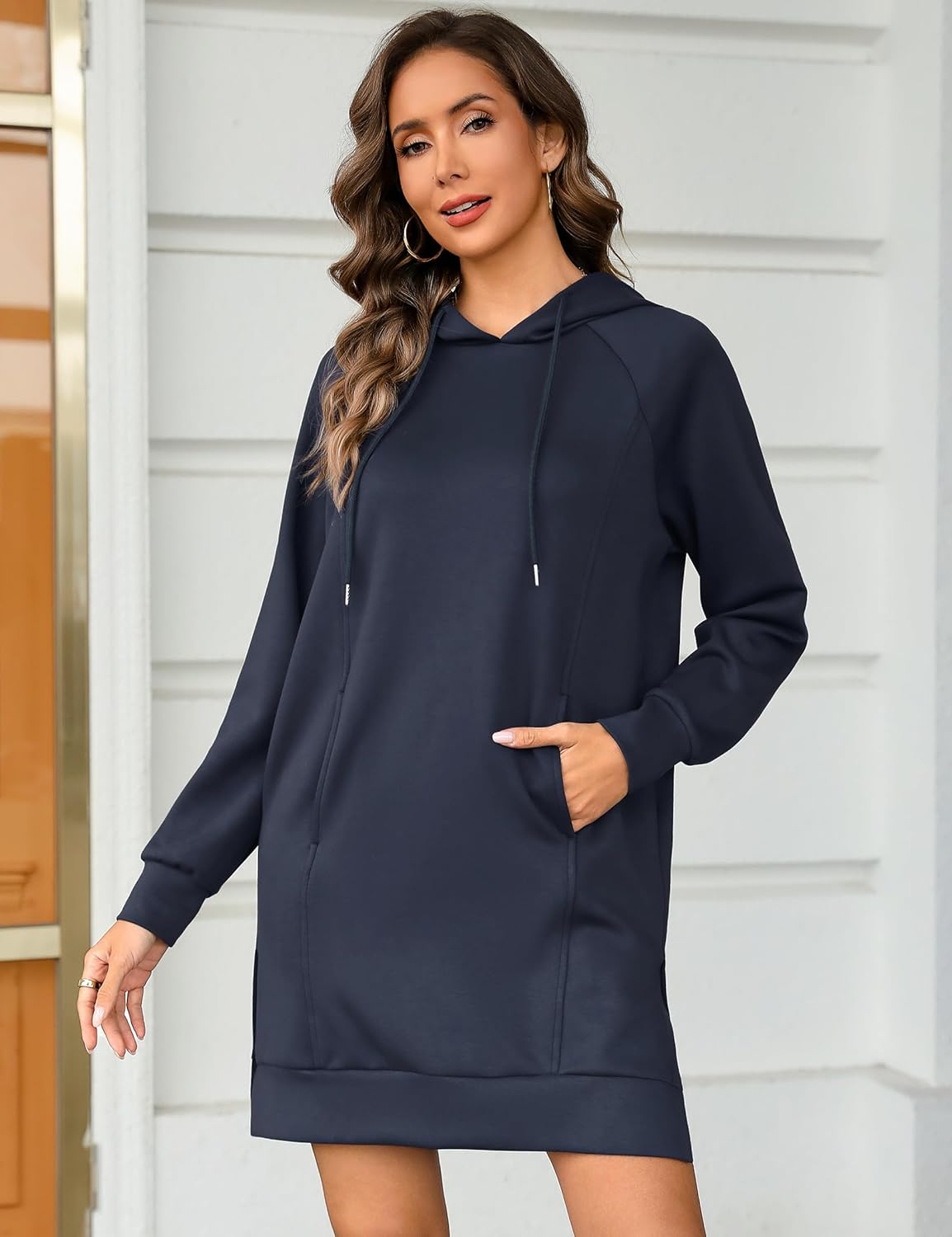 Quenteen Hoodie Dress for Women Sweatshirt Dress Oversized Casual Split Hem 2025 Fall Winter Pullover Dresses with Pockets - Image 3