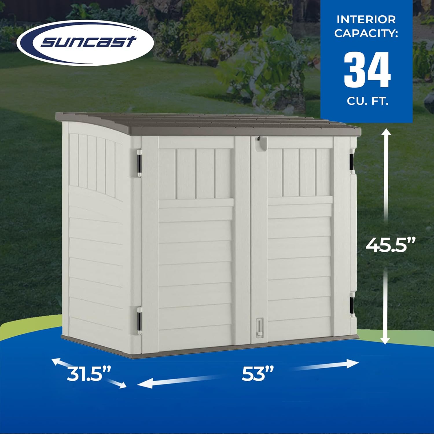 Suncast 2 Pack 34 Cu Ft Capacity Horizontal Outdoor Storage Shed for Garbage Cans, Garden Accessories, Backyard, and Patio Use, Vanilla