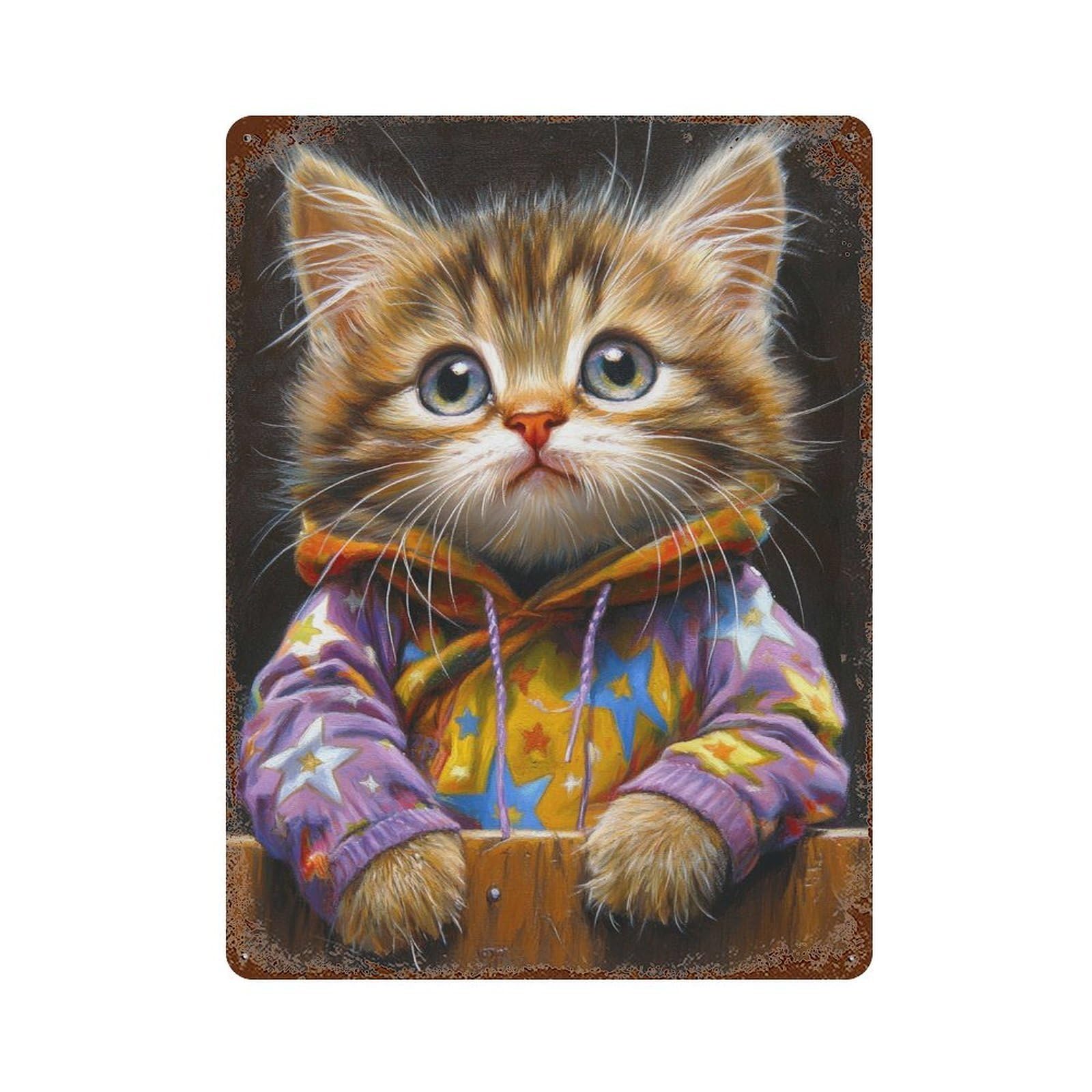 Kitten in Colorful Hoodie -2 15.7"x11.8" Distressed Metal Wall Sign, Retro Wall Decor for Garage, Bar And Workshop Decor