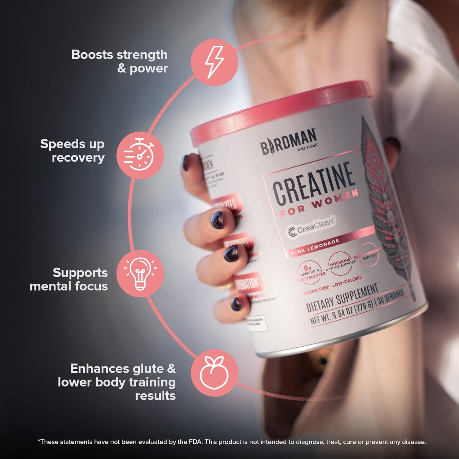 BIRDMAN Creatine for Women | Creatine Monohydrate Powder with Myo & D-Chiro Inositol, Hyaluronic Acid, Zinc, Electrolytes and Vitamins | Sugar Free, Pink Lemonade | 30 Servings - Image 4