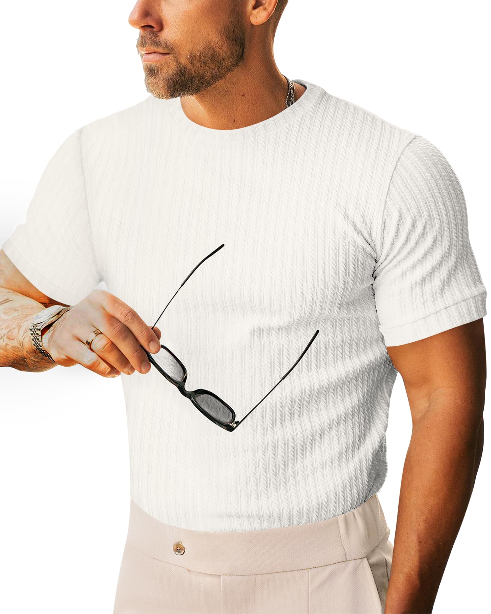 Photo 1 of **USED** MEDIUM Beotyshow Men's Ribbed Knit T Shirts Short Sleeve Crew Neck Slim Fit Stretchy Muscle Shirts Basic Solid Tee Tops
