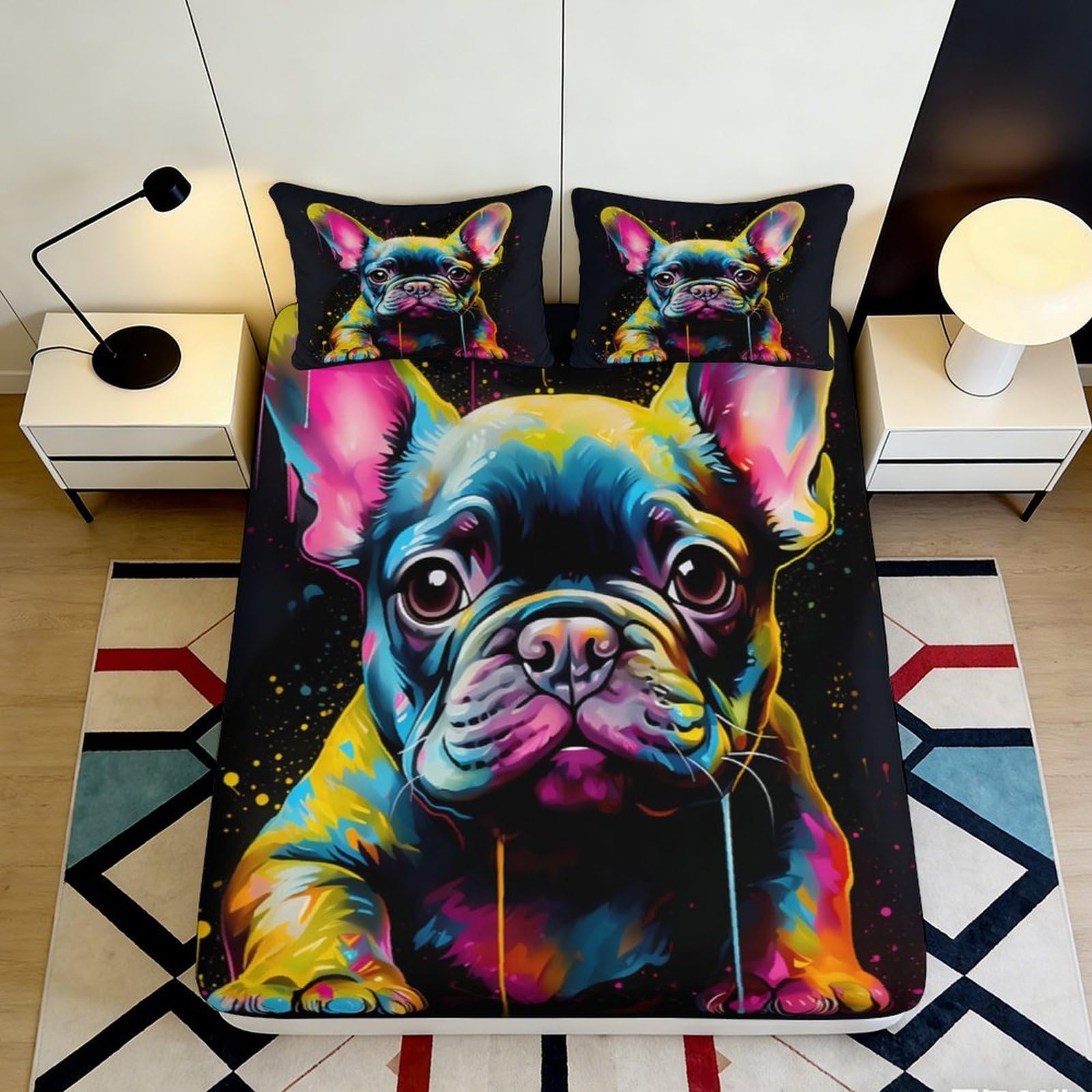 Pnayamiorkfel Style-10 3D Printed Colorful French Bulldog Fitted Sheet Microfiber Soft Non-Slip Bed Cover For Bedroom Guest Room Decor 90X200x25cm