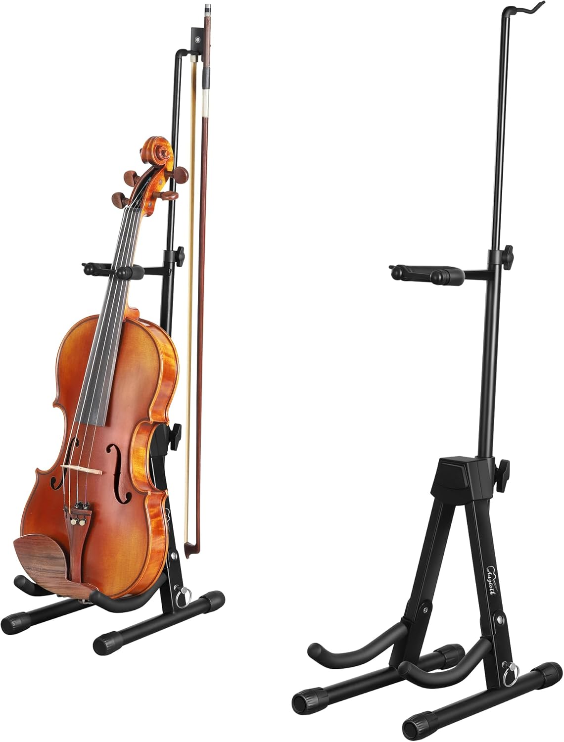 New Upgraded Anti-Tipping Design in Violin Stand with Bow Holder. Adjustable height, non-slip base, and protective head lock. Foldable and portable design for violins, violas, mandolins, and ukuleles.Black