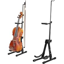 New Upgraded Anti-Tipping Design in Violin Stand with Bow Holder. Adjustable height, non-slip base, and protective head lock. Foldable and portable design for violins, violas, mandolins, and ukuleles.Black Lockable