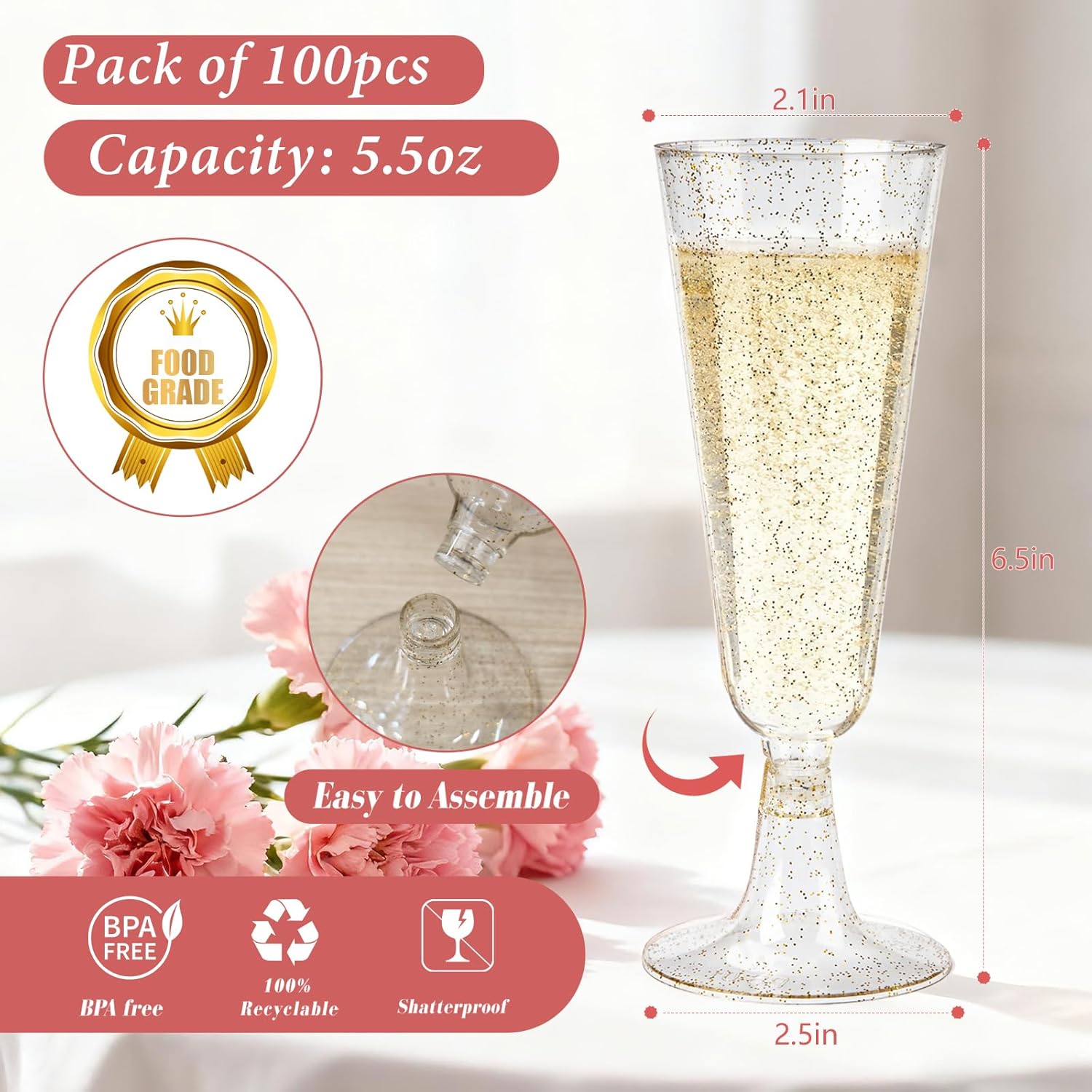 GuanQiao 100 Pack Plastic Champagne Flutes, 5.5 OZ Disposable Plastic Champagne Glasses with Gold Glitter, Wine Glasses Cups for Wedding Celebration Party Wine Tasting New Years Eve Supplies - Image 2
