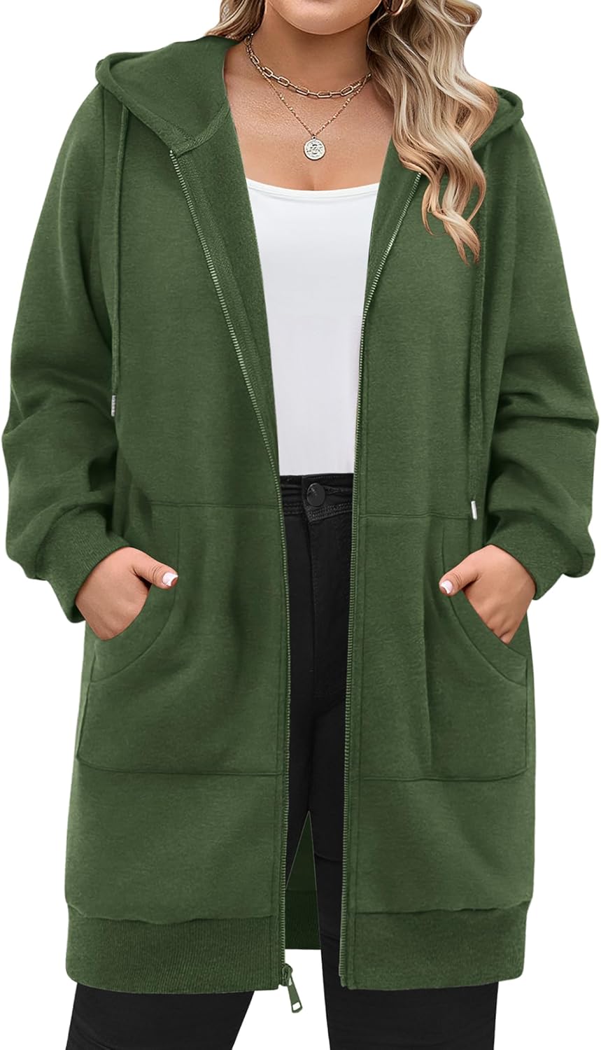 IN'VOLAND Women Plus Size Zip Up Hoodies Long Sleeve Tunic Sweatshirt Long Fleece Hoodie Jacket with Pockets