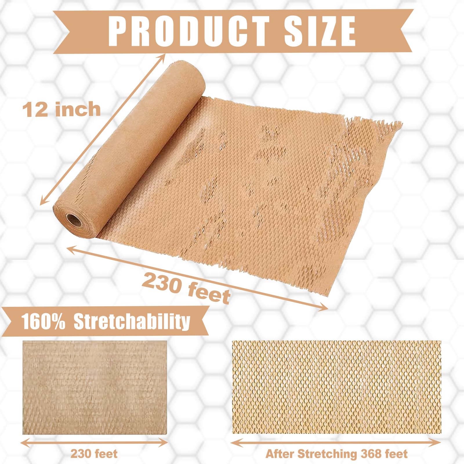 Rotolo di carta kraft da imballaggio a nido d'ape da 30,5 cm x 60 m, senza plastica, con etichette di avvertimento fragili, sostituto riciclabile dell'involucro a bolle per traslochi domestici e
