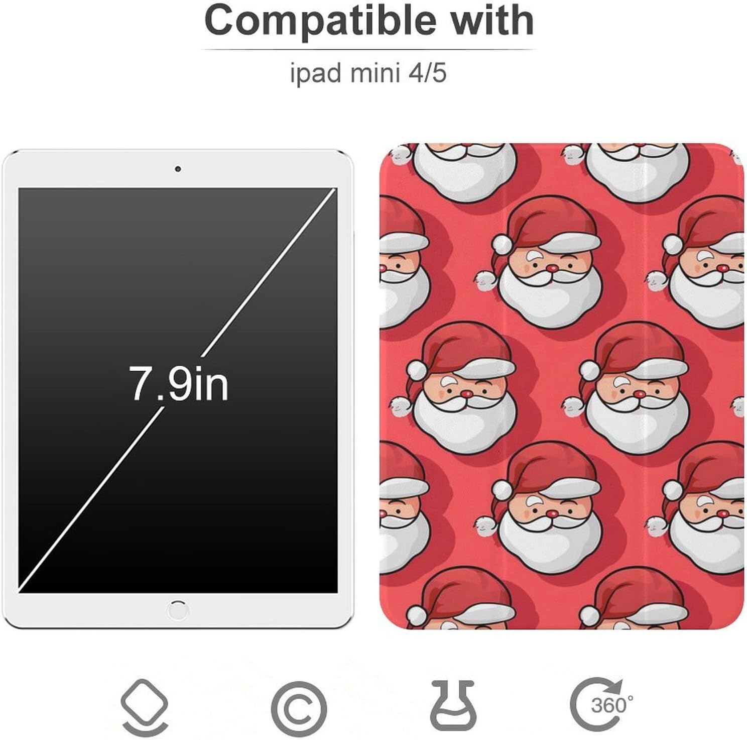 Christmas Funny Santa Cute Case Compatible for Mini4/5（7.9in） Trifold Tablet Protective Cover with Pencil Holder