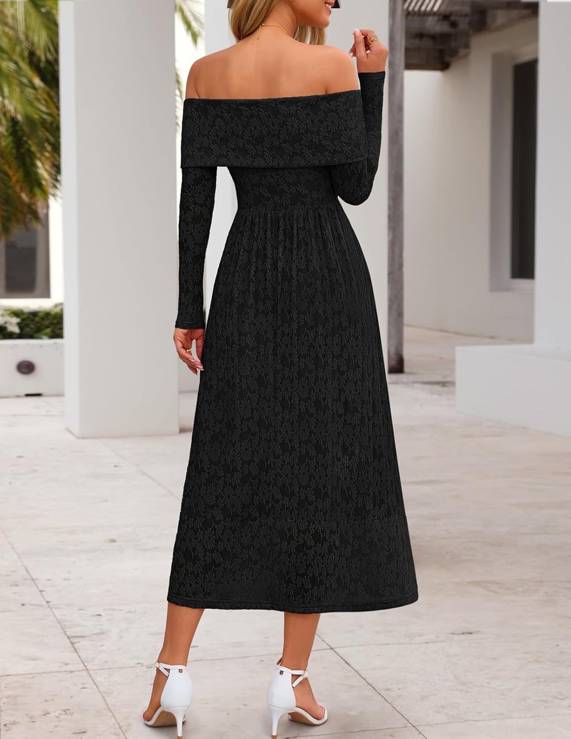 MEROKEETY Women's 2025 Fall Long Sleeve Floral Midi Dress Off Shoulder Wedding Guest Formal Long Flowy Dresses - Image 3