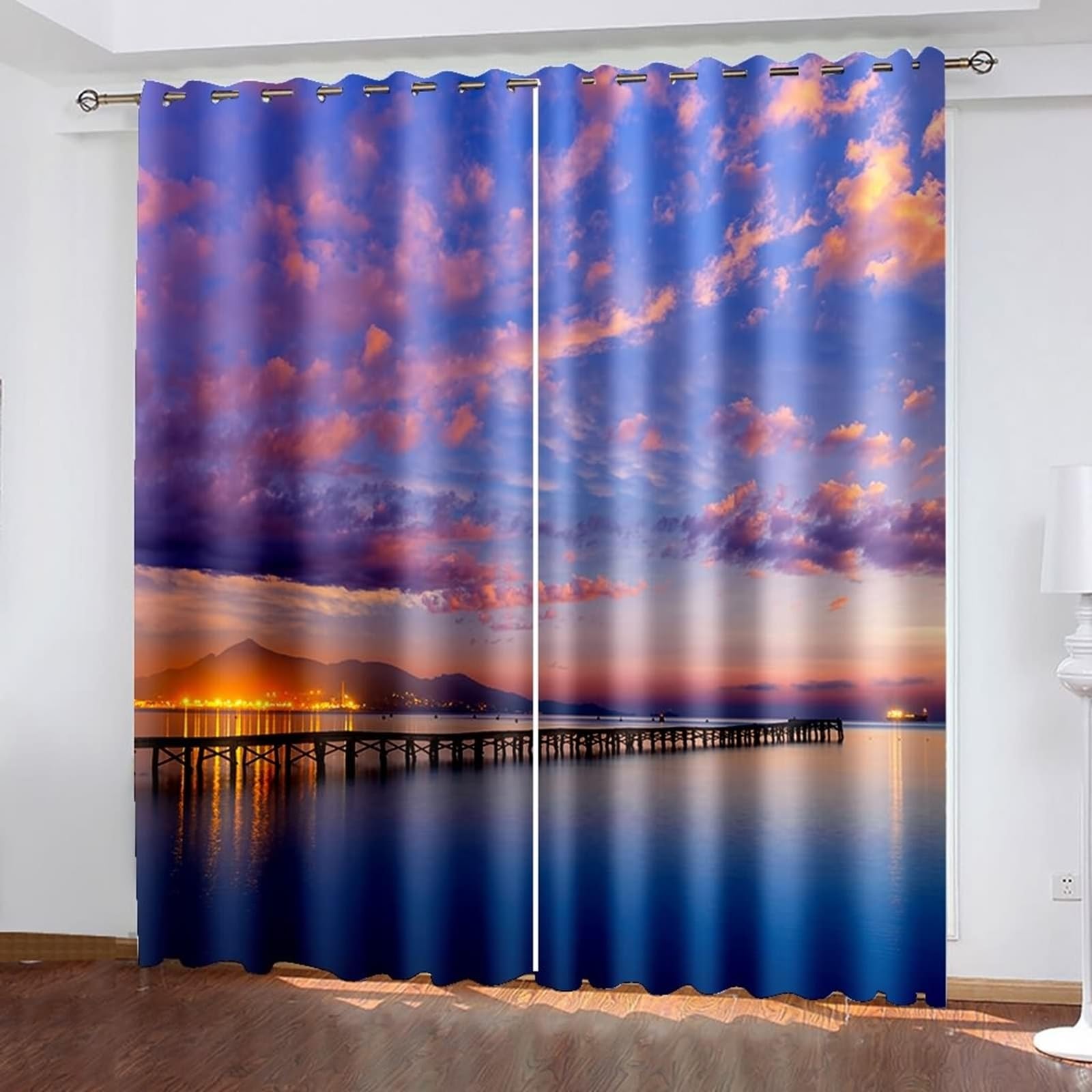 Wycian Küchengardinen Modern Vorhänge Blau Lila 2 Er Polyester Sonnenuntergang Himmel und Meer H214 X B244Cm für Schlafzimmer