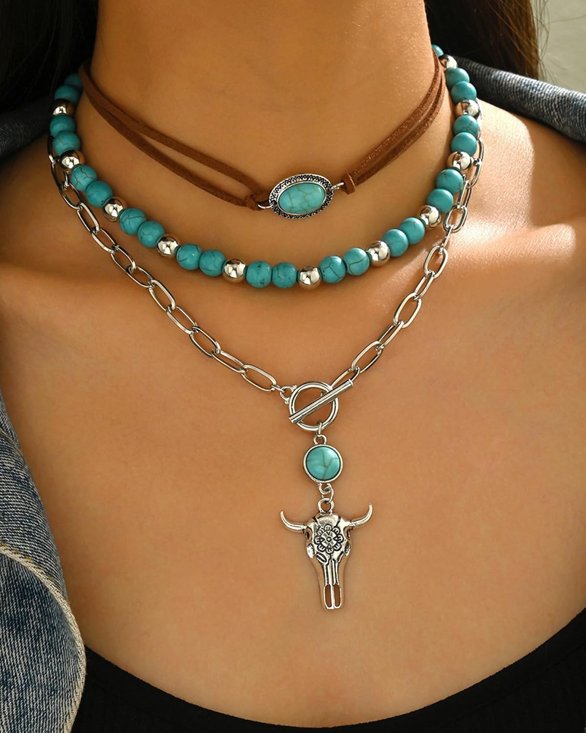 Layered Western Necklaces for Women Western Boho Country Necklaces Trendy Gold Layered Neck-laces Turquoise Beaded Choker Country Concert Jewelry Cowgirl Outfits Accessories - Image 4