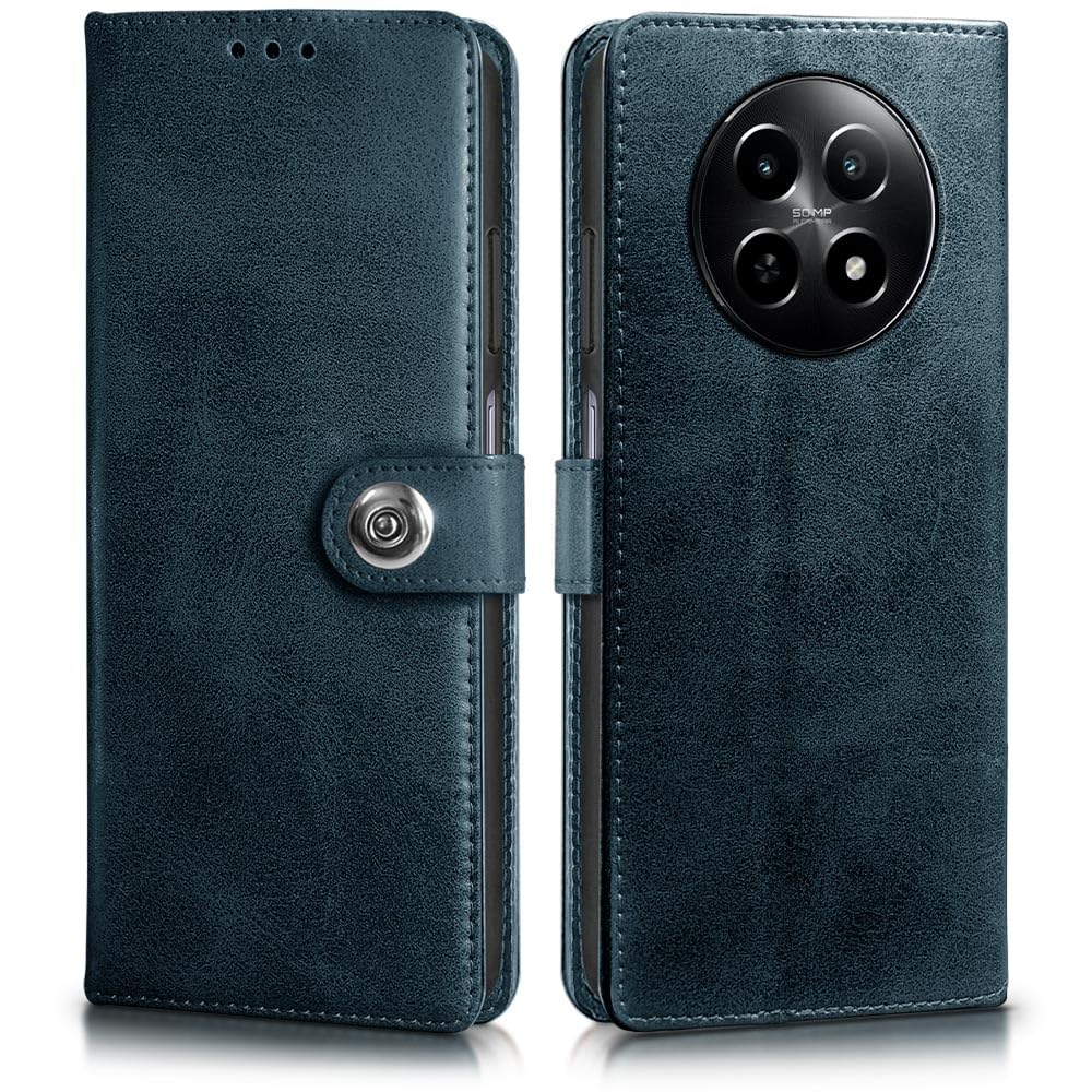 WOW IMAGINE Shockproof Flip Cover Back Case for Realme 13 5G | Realme 12 5G | 12X 5G | Narzo 70x 5G | C65 5G | N65 (Designer Button Flip Case | Inbuilt Wallet Pockets | Leather Finish | Oxford Blue)