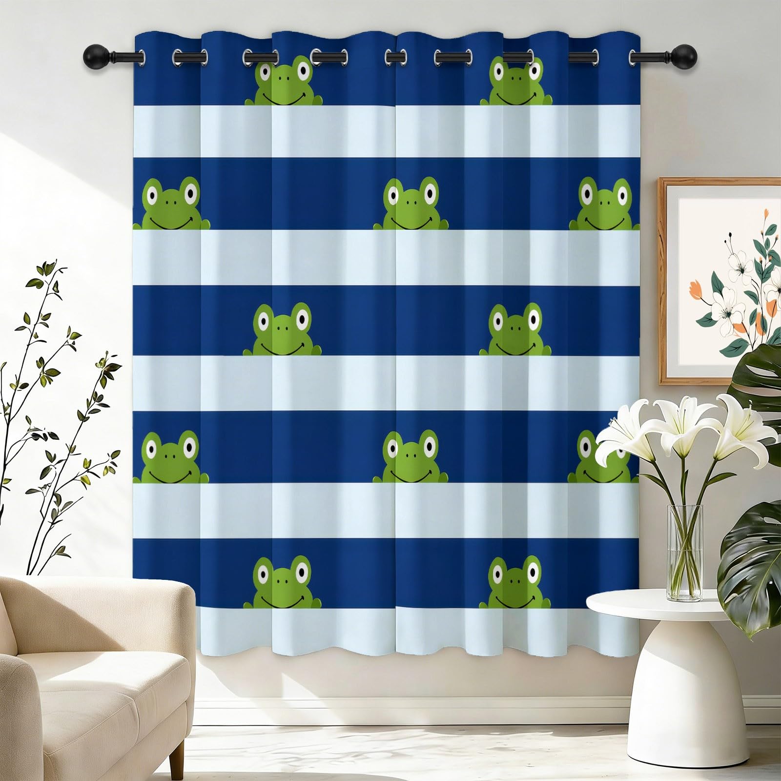 Verdunklungsvorhänge Bunt Mode Streifen Cartoon Tier Frosch Vorhänge Blickdicht 2er Set B75 x H166 cm, Hitzeschutz Blickschutz Thermovorhang mit Ösen für Wohnzimmer Schlafzimmer Kinderzimmer