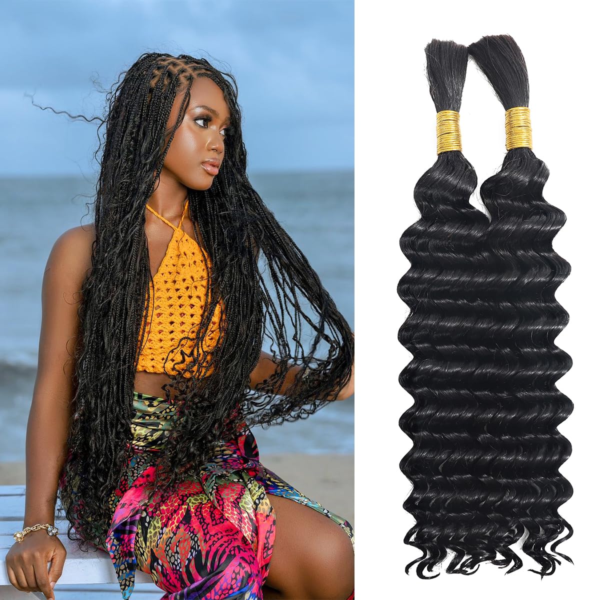 Beauty Youth Human Hair Braiding Hair Deep Wave Bulk Micro Braids Knotless for Black Women,20 Inch, 100g, No Weft, 13A Brazilian Virgin Human Hair, 2 Braids Per Pack - Natural Boho Style