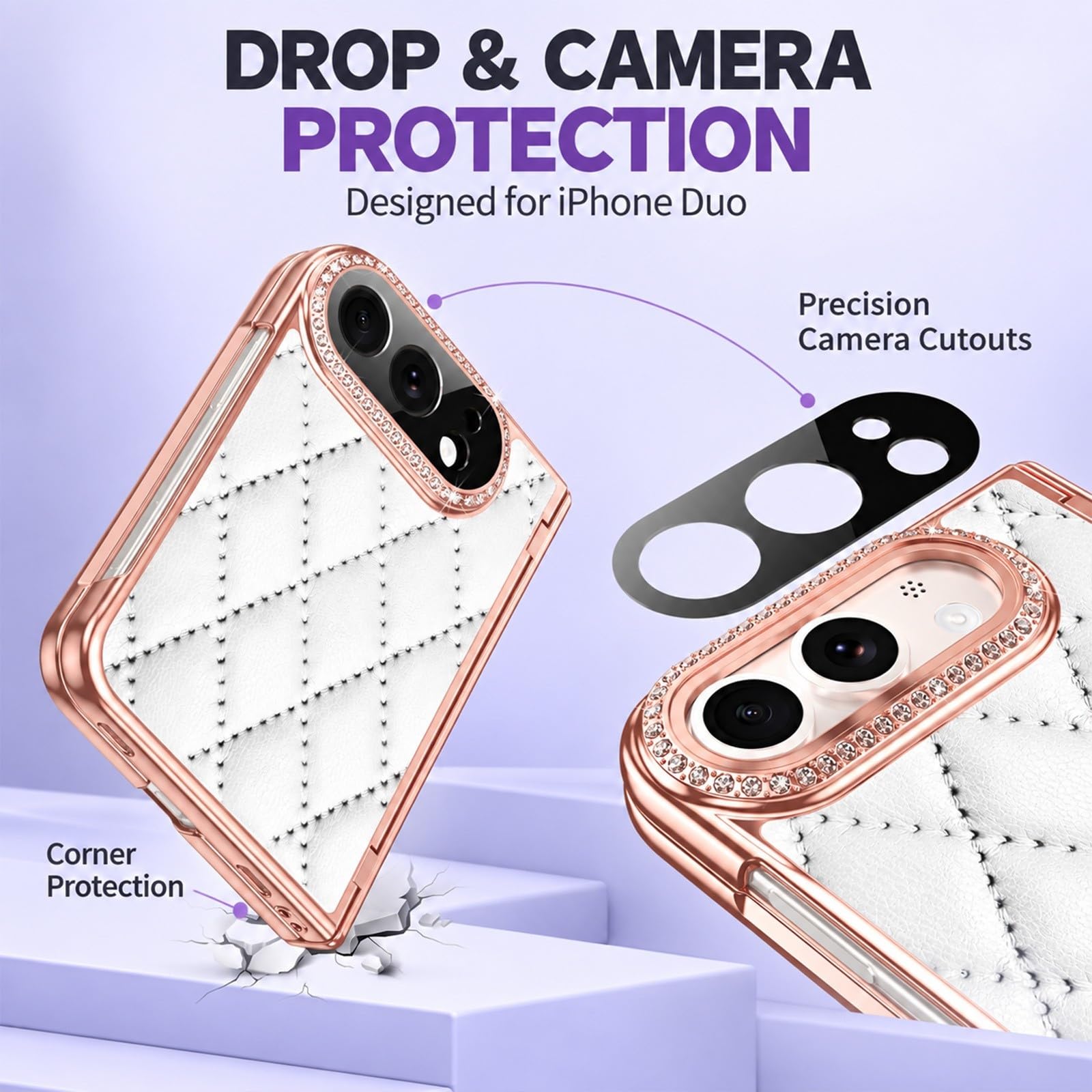 Coque pour iPhone Duo, Simili Cuir Matelassé, Strass, Protection Charnière