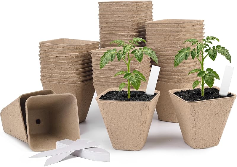 3.15 Inch Peat Pots 60 Pack, Square Seed Starting Pots with Plant Labels | Pulp Nursery Pots for Seedlings, Herbs, Flowers, Vegetables, Indoor Outdoor Gardening